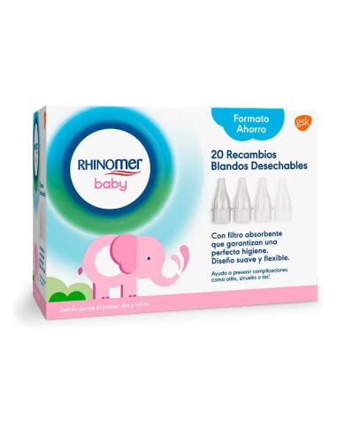 Rhinomer Baby Recambios Blandos Desechables con Filtro Absorbente Aspirador Nasal, 20 unidades