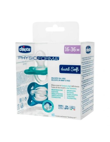 Chicco Chupete Physioforma Dual Soft Sil Azul 16-36 Meses, 2 unidades