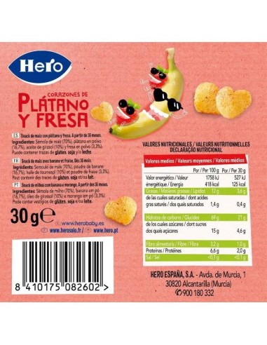 Hero Snack Corazones De Plátano Y Fresa, 30 gr