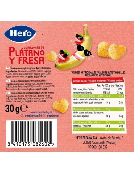 Hero Snack Corazones De Plátano Y Fresa, 30 gr