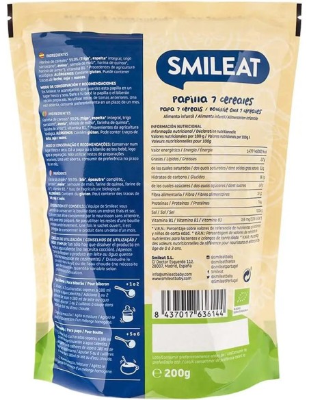 Smileat Papillas de 7 Cereales Ecológica, 200 gr