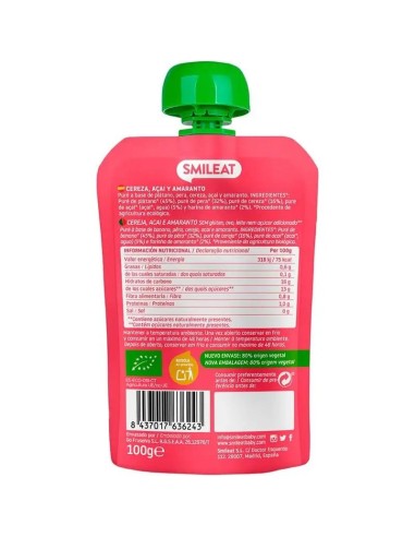 Smileat Pouch de Cereza, Açaí y Amaranto, 100g
