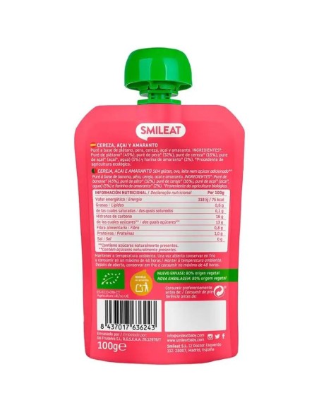 Smileat Pouch de Cereza, Açaí y Amaranto, 100g