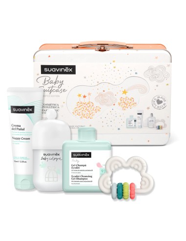 Suavinex Canastilla Con Maleta Metálica. Incluye: Baby Cologne + Gel Espumoso + Crema Del Pañal + Mordedor De Silicona. Coral