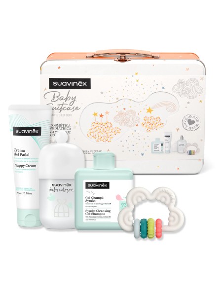 Suavinex Canastilla Con Maleta Metálica. Incluye: Baby Cologne + Gel Espumoso + Crema Del Pañal + Mordedor De Silicona. Coral