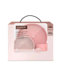 Suavinex Vajilla De Silicona 4 Piezas. Ventosa Resistente. +4M. Vajilla Infantil Con Bol + Plato + Taza + Cuchara. Color Rosa