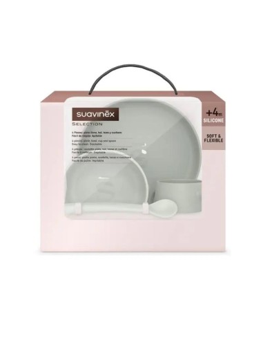 Suavinex Vajilla De Silicona 4 Piezas. Ventosa Resistente. +4M. Vajilla Infantil Con Bol + Plato + Taza + Cuchara. Color Verde