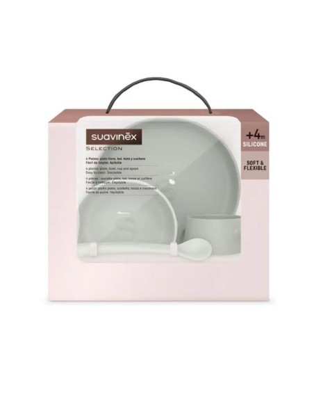 Suavinex Vajilla De Silicona 4 Piezas. Ventosa Resistente. +4M. Vajilla Infantil Con Bol + Plato + Taza + Cuchara. Color Verde
