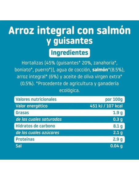 Tarrito con cachitos de Arroz con Salmon y Guisantes 230 gr. ECO