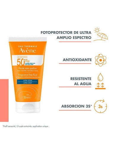 Avene Solar Fluido Sin Perfume SPF 50+, 50 ml