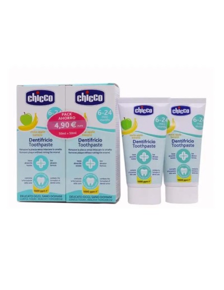 Chicco Pasta De Dientes Manzana Y Platano 6-24M Fluor Pack Ahorro, 2x50 ml