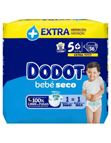 Dodot Bebé Seco Pañal Extra Jumbo Talla 5, 56 unidades