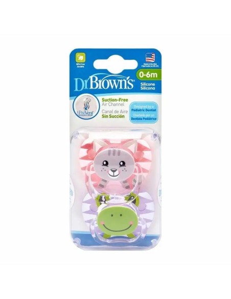 Dr. Brown's Chupete Prevent Classic Animal Faces T1 0-6 Meses Niña, 2 unidades